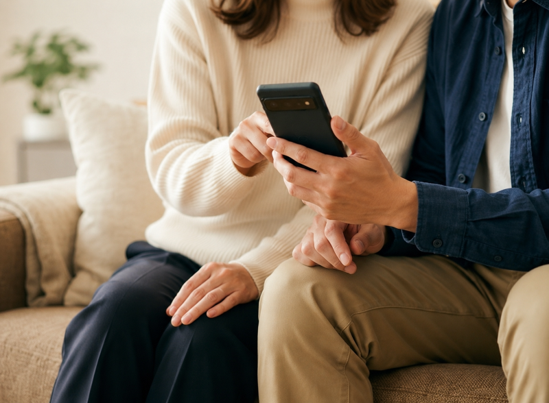 スマホでAI不動産査定の結果を確認する様子（営業電話なしのイメージ）
